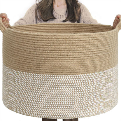 Picture of INDRESSME Extra Large Woven Baskets for Storage, 21.7'' x 13.8'' Wicker Basket with Handle for Blankets, Big Laundry Baskets for Clothes, Pillows, Towel, Shoe Basket for Entryway, 90L White Jute