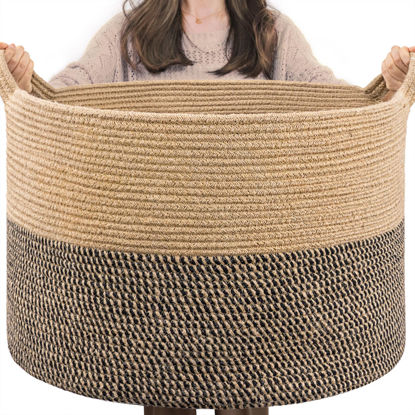 Picture of INDRESSME Extra Large Woven Baskets for Storage, 21.7 x 13.8 Blanket Basket Wicker Laundry Basket for Organizing Toy Pillow Shoe for Entryway &Living Room , Black Jute