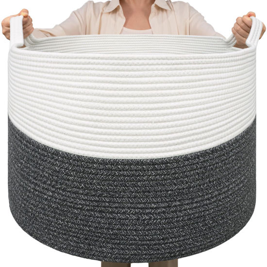 Picture of TIMEYARD Large Rope Basket, 21.7'' x 13.8'' Throw Blanket Basket Living Room Toy Basket with Handle, Nursery Laundry Baskets for Dirty Clothes Pillows Towel, 90L White & Grey