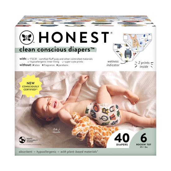 Picture of The Honest Company Clean Conscious Diapers | Plant-Based, Sustainable | All The Letters + It's a Pawty | Club Box, Size 6 (35+ lbs), 40 Count