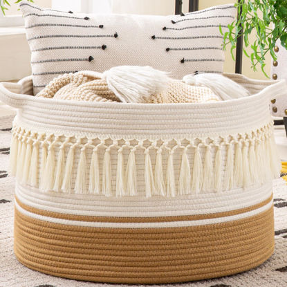 Picture of KAKAMAY Large Blanket Basket (20"x13"),Woven Baskets for storage Baby Laundry Hamper, Cotton Rope Blanket Basket for Living Room, Laundry, Nursery, Pillows, Baby Toy chest (White Fringe)