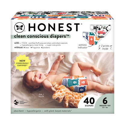 Picture of The Honest Company Clean Conscious Diapers | Plant-Based, Sustainable | Beary Cool + Big Trucks | Club Box, Size 6 (35+ lbs), 40 Count