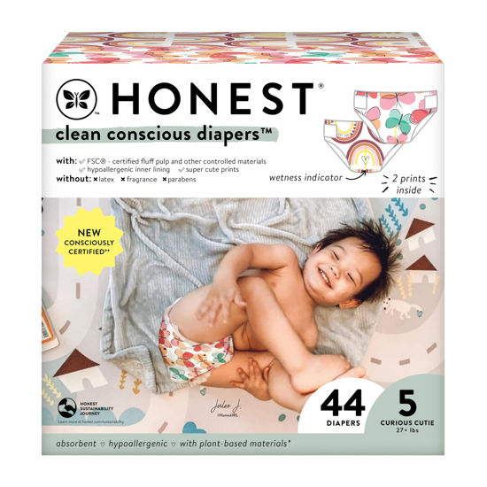 Picture of The Honest Company Clean Conscious Diapers | Plant-Based, Sustainable | Wingin' It + Catching Rainbows | Club Box, Size 5 (27+ lbs), 44 Count