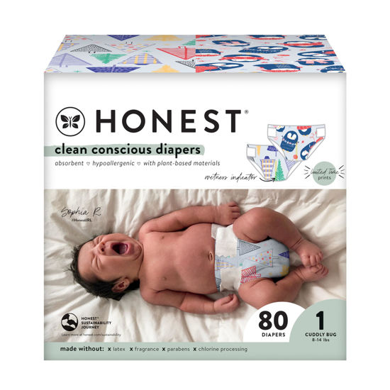 Picture of The Honest Company Clean Conscious Diapers | Plant-Based, Sustainable | Winter '23 Limited Edition Prints | Club Box, Size 1 (8-14 lbs), 80 Count