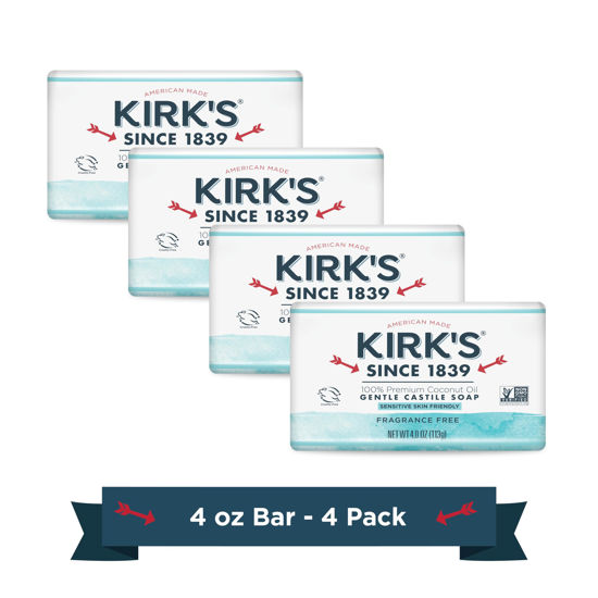 Picture of Kirk's Castile Bar Soap Clean Soap for Men, Women & Children | Premium Coconut Oil | Sensitive Skin Formula, Vegan | Fragrance-Free/Unscented | 4 oz. Bars - 18 Pack