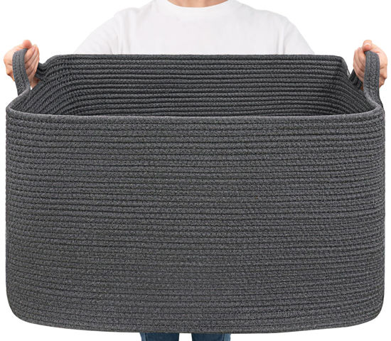 Picture of Goodpick Storage Basket, Rectangle Dirty Clothes Basket for Laundry, Woven Basket for Living Room, Extra Large Cotton Rope Basket for Toys, Blankets, 23.6" x 15.7" x 13.8", Dark Grey