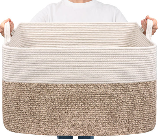 Picture of Goodpick Blanket Basket, Woven Baskets for Storage, Extra Large Storage Basket, Blanket Basket Living Room, Rectangle Cotton Rope Basket for Toys, Dirty Clothes, 23.6" x 15.7" x 13.8", 85L