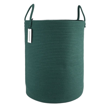 Picture of XUANGUO Cotton Rope Laundry Basket Hamper for Clothes Woven Storage Basket for Living Room Bedroom Boho Tall Rope Baskets for Blanket Toys Pillow Towels Baby Nursery Hamper Bin Large dark green