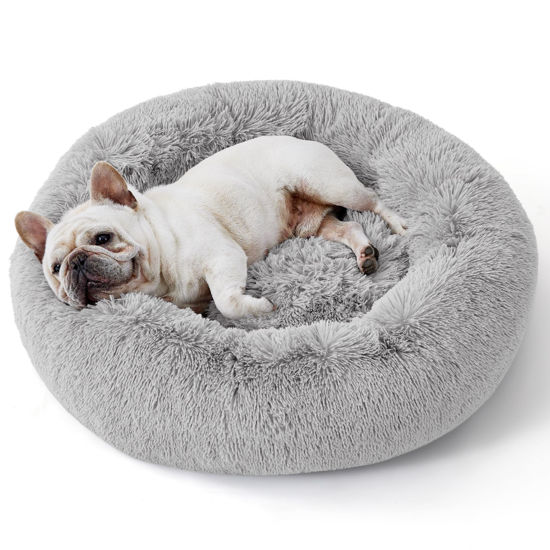 Picture of Bedsure Calming Dog Bed for Small Dogs - Donut Washable Small Pet Bed, 23 inches Anti-Slip Round Fluffy Plush Faux Fur Large Cat Bed, Fits up to 25 lbs Pets, Pale Grey