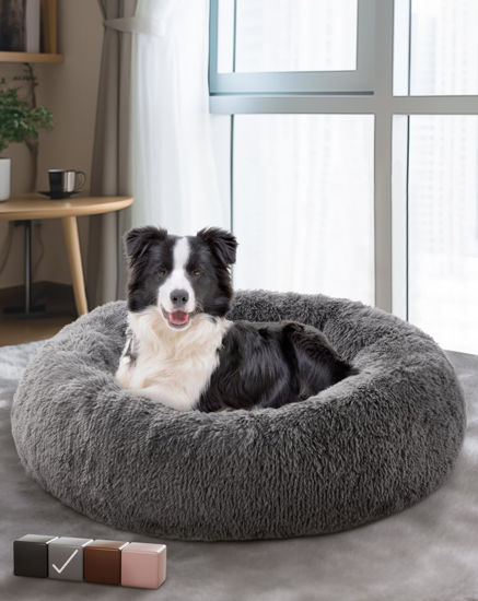 Picture of OhGeni Calming Donut Bed for Dogs and Cats, Ultra Soft Circle Bed, Cozy, Waterproof, Zipper Cover, 30 in Bed, Medium Dog Bed (Gray)