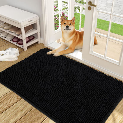 Picture of OLANLY Dog Door Mat for Muddy Paws 48x30, Absorbs Moisture and Dirt, Absorbent Non-Slip Washable Mat, Quick Dry Chenille, Mud Mat for Dogs, Entry Indoor Door Mat for Inside Floor, Black