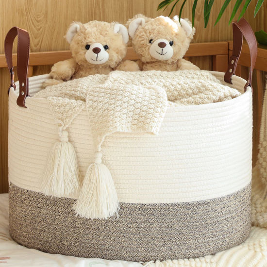 Picture of KAKAMAY Large Blanket Basket (20"x13"),Woven Baskets for storage Baby Laundry Hamper,Cotton Rope Blanket Basket for Living Room, Laundry, Nursery, Pillows, Baby Toy chest (White/Beige)