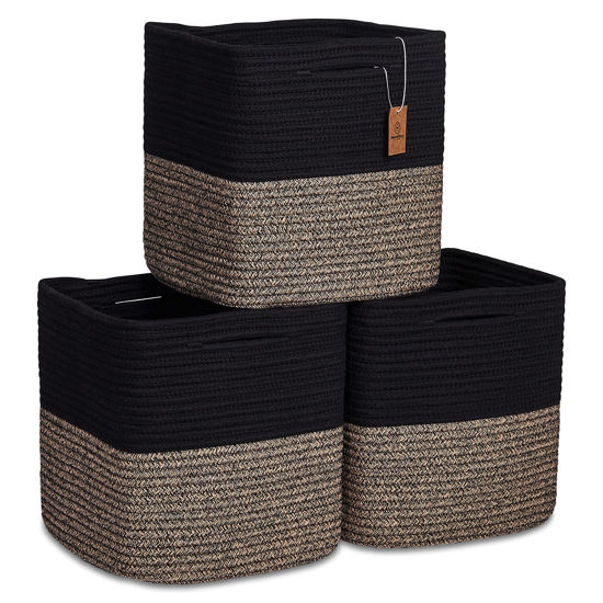 Picture of NaturalCozy Storage Cubes 11 Inch Cotton Rope Woven Baskets for Organizing, 3-Pack | Cube Storage Bin | Square Storage Baskets for Shelves Organizer, Classroom, Kids Toy Bins, Closet, Baby Nursery