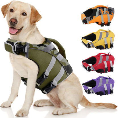 Picture of Kuoser Dog Life Jacket with Reflective Stripes, Adjustable High Visibility Dog Life Vest Ripstop Dog Lifesaver Pet Life Preserver with High Flotation Swimsuit for Small Medium and Large Dogs