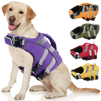 Picture of Kuoser Dog Life Jacket with Reflective Stripes, Adjustable High Visibility Dog Life Vest Ripstop Dog Lifesaver Pet Life Preserver with High Flotation Swimsuit for Small Medium and Large Dogs