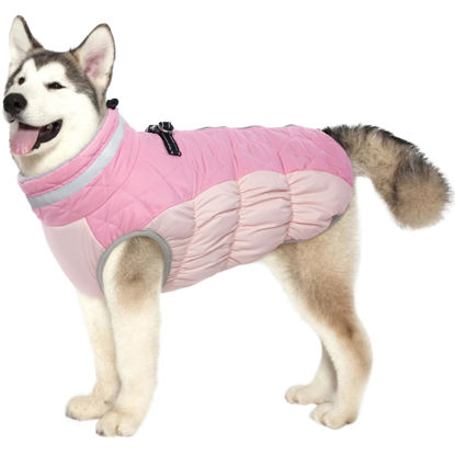 Picture of Lelepet Warm Dog Winter Coat Dog Cold Weather Coats Windproof Reflective Turtleneck Dog Fleece Vest with Harness Thick Fleece Lining Dog Jacket Dog Coat for Small Medium Large Dogs,Great Dane, Pink