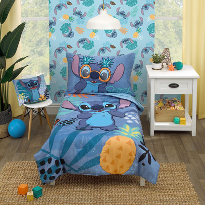 Picture of Disney Stitch Weird But Cute Blue, Teal and Coral 4 Piece Toddler Bed Set - Comforter, Fitted Bottom Sheet, Flat Top Sheet, and Reversible Pillowcase