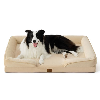 Picture of Bedsure Orthopedic Dog Bed for Large Dogs - Big Washable Dog Sofa Beds Large, Supportive Foam Pet Couch Bed with Removable Washable Cover, Waterproof Lining and Nonskid Bottom, Light Khaki