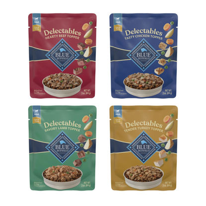 Picture of Blue Buffalo Delectables Natural Wet Dog Food Topper Variety Pack, Tasty Chicken, Hearty Beef, Tender Turkey, & Savory Lamb Dinner 3-oz (24 Pack- 6 of Each Flavor)