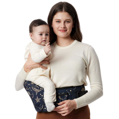 Picture of Momcozy Hip Seat Baby Carrier - Adjustable Waistband with Original 3D Belly Protector, Ergonomic Carrier with Various Pockets for Newborns & Toddlers up to 45lbs (Starry Sky, Medium)