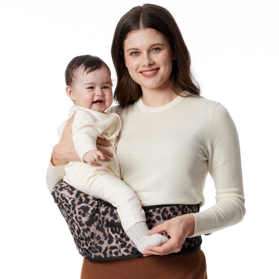 Picture of Momcozy Hip Seat Baby Carrier - Adjustable Waistband with Original 3D Belly Protector, Ergonomic Carrier with Various Pockets for Newborns & Toddlers up to 45lbs (Leopard, Medium)