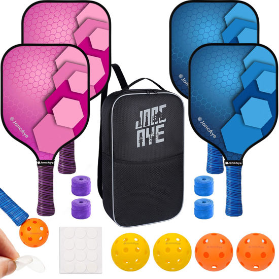 Picture of JoncAye Pickleball Set of 4 Paddles and Balls w/Case | USAPA Approved Pickleball Rackets with Lead Tape, Ball Retriever | Pickleball Equipment with Accessories for Men, Women, Adults, Kids