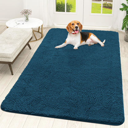 Picture of OLANLY Dog Door Mat for Muddy Paws 59x35, Absorbs Moisture and Dirt, Absorbent Non-Slip Washable Mat, Quick Dry Chenille, Mud Mat for Dogs, Entry Indoor Door Mat for Inside Floor, Atlantic Blue