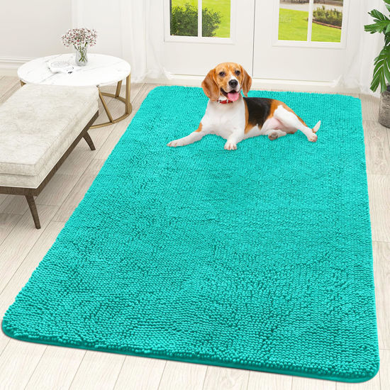 Picture of OLANLY Dog Door Mat for Muddy Paws 59x35, Absorbs Moisture and Dirt, Absorbent Non-Slip Washable Mat, Quick Dry Chenille, Mud Mat for Dogs, Entry Indoor Door Mat for Inside Floor, Teal