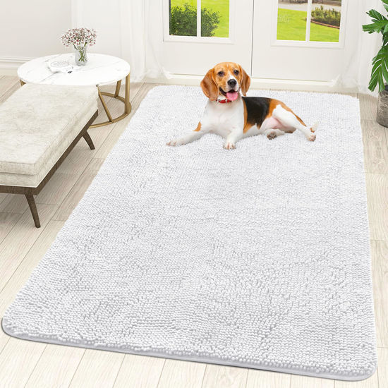 Picture of OLANLY Dog Door Mat for Muddy Paws 59x35, Absorbs Moisture and Dirt, Absorbent Non-Slip Washable Mat, Quick Dry Chenille, Mud Mat for Dogs, Entry Indoor Door Mat for Inside Floor, White