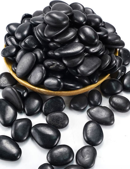 Picture of Polished Black Pebbles Large Decorative Ornamental River Stones Rocks Rainforest Vase Filler Aquarium Gravel Landscaping Garden Pebble for Home Outdoor Indoor Decor Fish Tank 6lb 1" - 1.5" Size