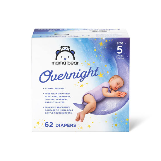 Picture of Amazon Brand - Mama Bear Overnight Diapers, Hypoallergenic, Size 5 (62 count), Disposable Baby Diapers, Night Time Protection