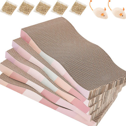 Picture of SIDAZON Cat Scratching Pads Cardboard Cat Scratchers for Indoor Cats Reversible Large Wide Corrugated with Catnip and Mini Toy(5pcs)