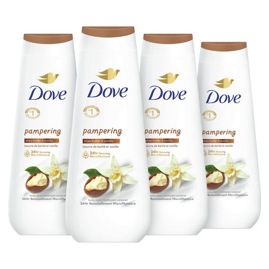 Picture of Dove Body Wash 4 Count Pampering Shea Butter & Vanilla for Renewed, Healthy-Looking Skin Gentle Skin Cleanser with 24hr Renewing MicroMoisture 20 oz