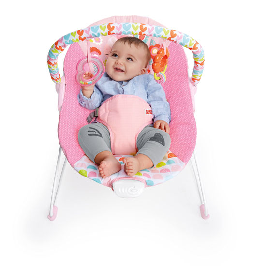 Picture of Bright Starts Baby Bouncer Soothing Vibrations Infant Seat - Removable -Toy Bar, Nonslip Feet, 0-6 Months Up to 20 lbs (Fancy Fantasy, Pink Unicorn)