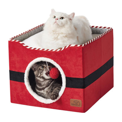 Picture of Bedsure Christmas Cat Beds for Indoor Cats - Large Cat Cave for Pet, Cat House with Fluffy Ball Hanging, Foldable Santa Cat Hideaway,16.5x16.5x13 inches, Christmas Red