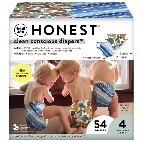 Picture of The Honest Company Clean Conscious Diapers | Plant-Based, Sustainable | Tie-Dye for + Cactus Cuties | Club Box, Size 4 (22-37 lbs), 54 Count