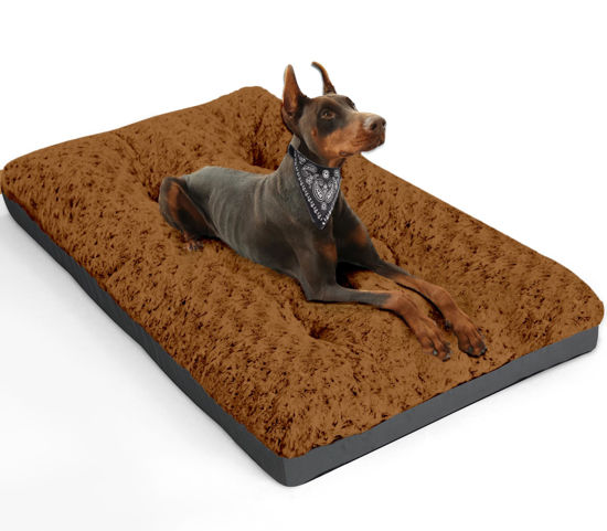 Picture of POCBLUE Deluxe Washable Dog Bed for Large Dogs Dog Crate Mat 36 Inch Comfy Fluffy Kennel Pad Anti-Slip for Dogs Up to 70 lbs, 36" x 23", Brown