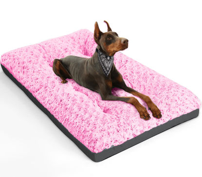 Picture of POCBLUE Deluxe Washable Dog Bed for Large Dogs Dog Crate Mat 36 Inch Comfy Fluffy Kennel Pad Anti-Slip for Dogs Up to 70 lbs, 36" x 23", Pink