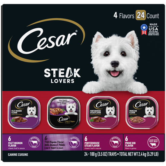 Picture of CESAR Wet Dog Food Steak Lovers Variety Pack with Real Meat, (24) 3.5 oz. Trays