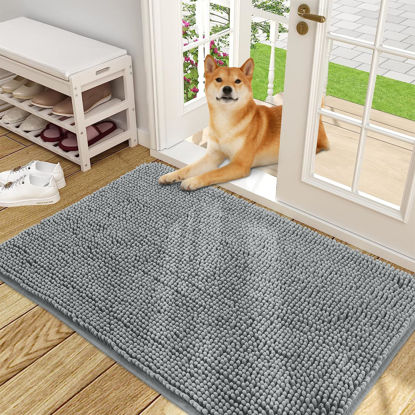 Picture of OLANLY Dog Door Mat for Muddy Paws 48x30, Absorbs Moisture and Dirt, Absorbent Non-Slip Washable Mat, Quick Dry Chenille, Mud Mat for Dogs, Entry Indoor Door Mat for Inside Floor, Grey