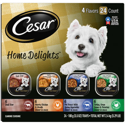 Picture of CESAR HOME DELIGHTS Adult Wet Dog Food Pot Roast & Vegetable, Beef Stew, Turkey Potato & Green Bean, and Hearth Chicken & Noodle Variety Pack, 3.5 oz. Easy Peel Trays, Pack of 24