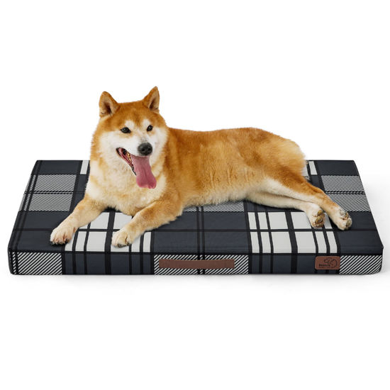 Picture of Bedsure Large Patterned Dog Bed for Large Dogs, Outdoor Waterproof Orthopedic Egg Foam Dog Bed Comfort Pet Mats for Crate with Removable Washable Cover(35"x22", Black)