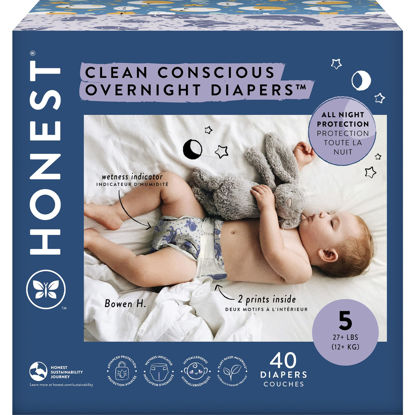 Picture of The Honest Company Clean Conscious Overnight Diapers | Plant-Based, Sustainable | Cozy Cloud + Star Signs | Club Box, Size 5 (27+ lbs), 40 Count