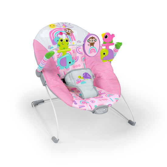 Picture of Bright Starts Pink Paradise Portable Baby Bouncer with Vibrating Infant Seat and -Toy Bar, Max Weight 20 lbs., Age 0-6 Months