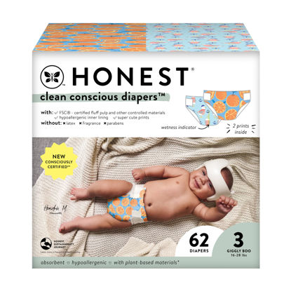 Picture of The Honest Company Clean Conscious Diapers | Plant-Based, Sustainable | Orange You Cute + Feeling Nauti | Club Box, Size 3 (16-28 lbs), 62 Count