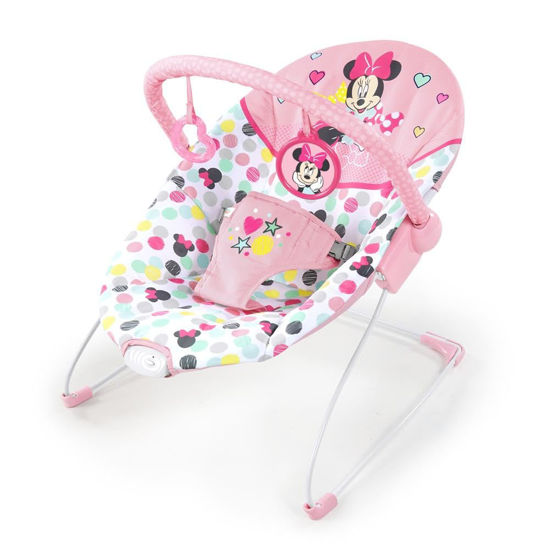 Picture of Bright Starts Disney Baby Minnie Mouse Baby Bouncer Soothing Vibrations Plush Infant Seat - Removable Toy Bar, Nonslip Feet, 0-6 Months Up to 20 lbs (Spotty Dotty)