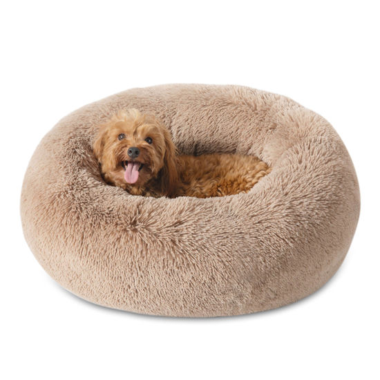 Picture of Bedsure Calming Dog Bed for Small Medium Dogs - Donut Washable Medium Pet Bed, 27 inches Anti-Slip Round Fluffy Plush Faux Fur Cat Bed, Camel