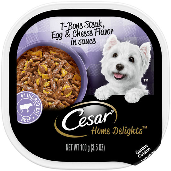 Picture of CESAR HOME DELIGHTS Adult Wet Dog Food T-Bone Steak, Egg & Cheese Flavor in Sauce, 3.5 oz. Easy Peel Trays, Pack of 24