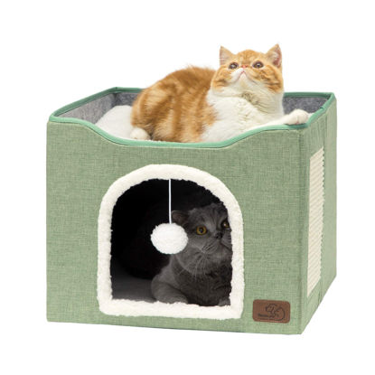 Picture of Bedsure Cat Beds for Indoor Cats - Large Cat Cave for Pet Cat House with Fluffy Ball Hanging and Scratch Pad, Foldable Cat Hideaway,16.5x16.5x13 inches, Green