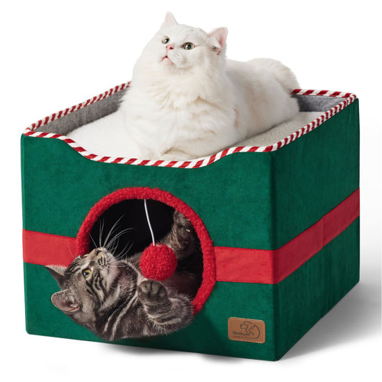 Picture of Bedsure Christmas Cat Beds for Indoor Cats - Large Cat Cave for Pet, Cat House with Fluffy Ball Hanging, Foldable Cat Hideaway,16.5x16.5x13 inches, Christmas Green